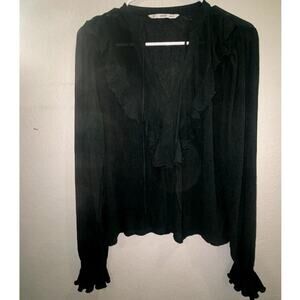 MNG Womens Forest Green Ruffle Long Sleeve Blouse Size Medium